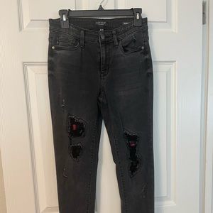 New Judy Blue Distressed Black Denim Jeans with Plaid Patches